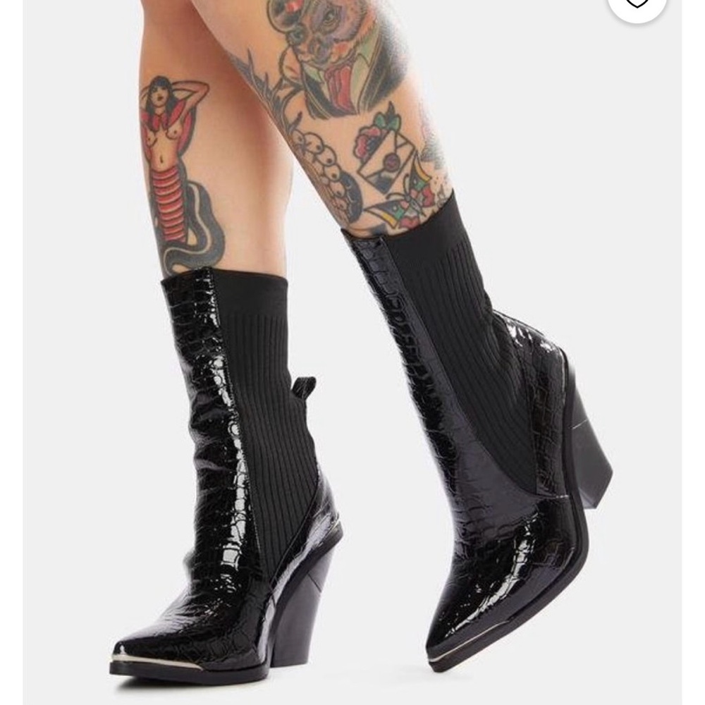 Azalea wang Katrina Black Croc-Embossed Heeled Boots